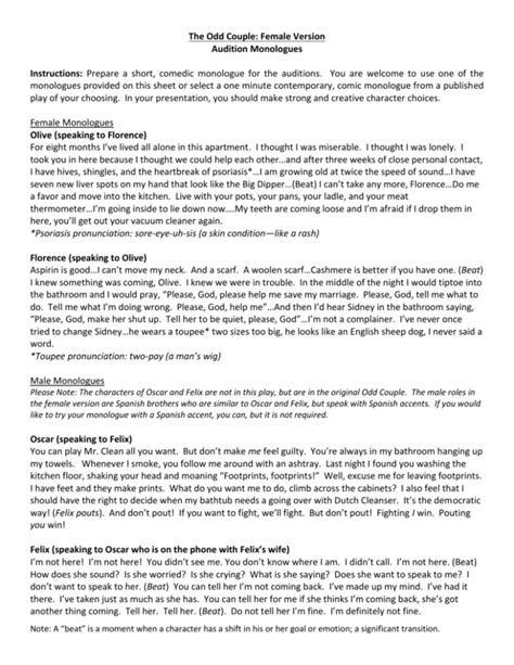 the odd couple monologue female.